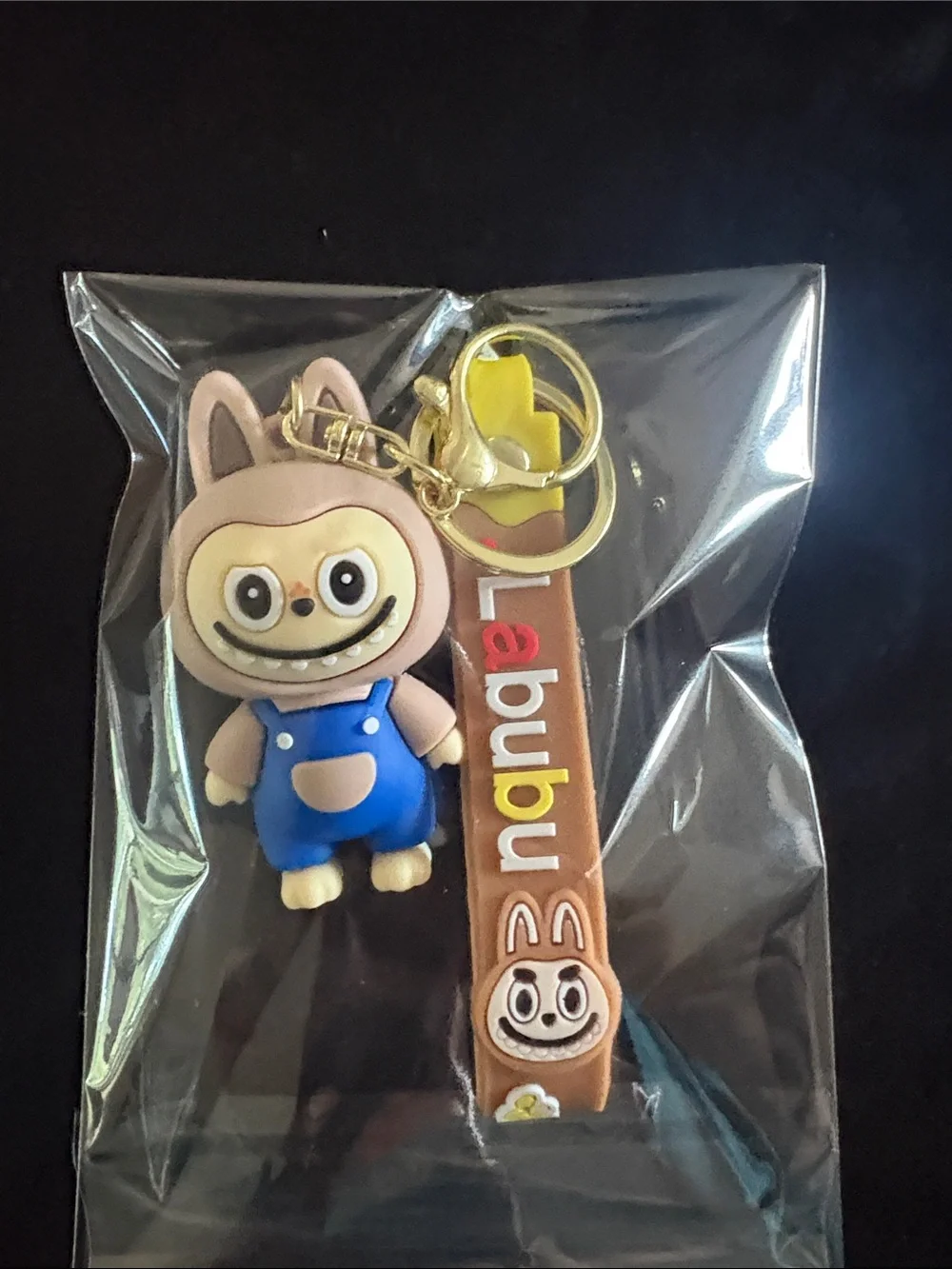 Cute Tab Labubu Silicone Keychain Bag Charm with Brown Strap - Cute Blue Outfit